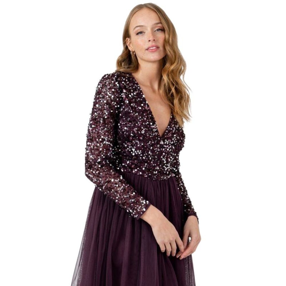 Deluxe Womens/Ladies Sequin V Neck Midi Dress / Berry